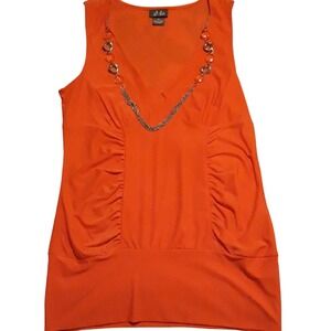 Dots Orange‎ V-Neck Sleeveless Ruched Top with Detachable Necklace Size Medium